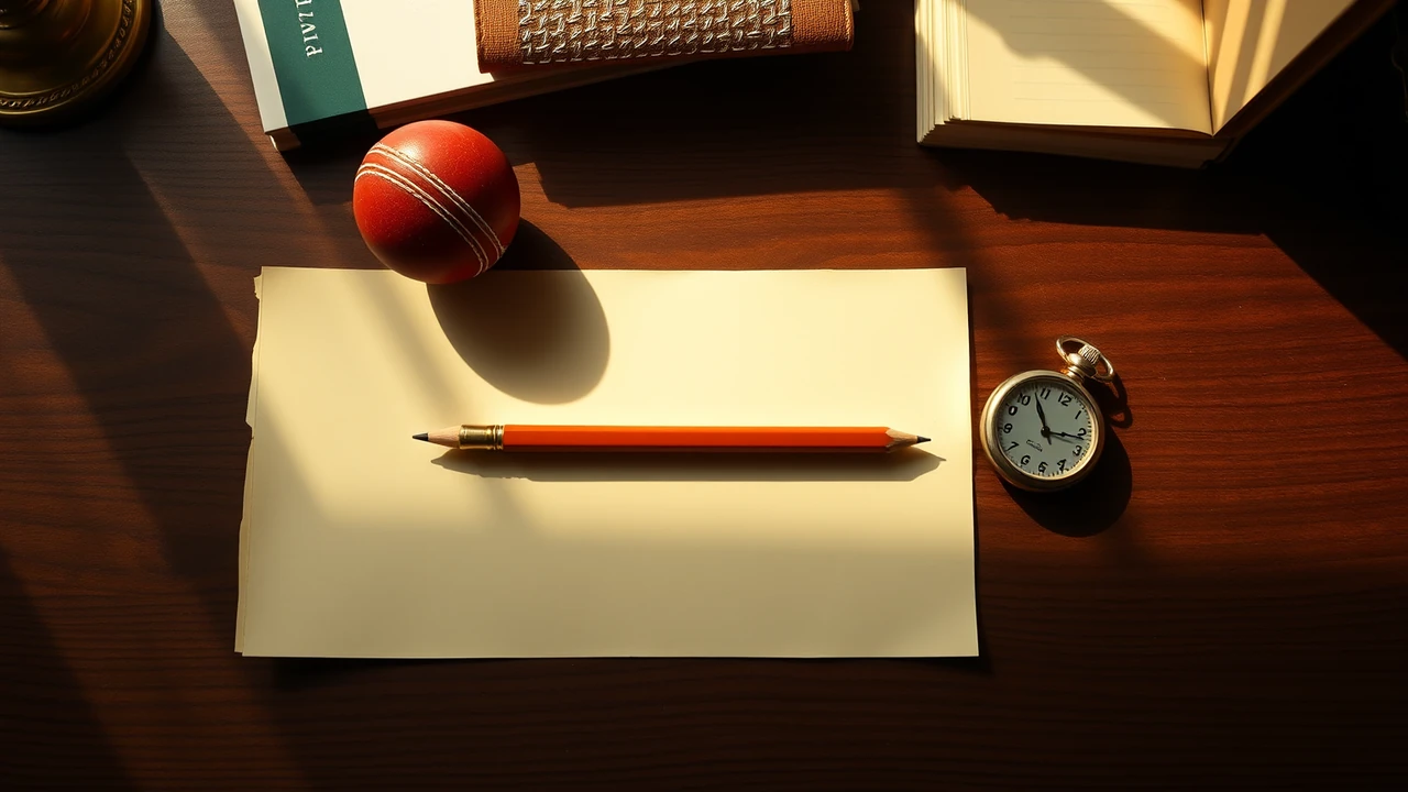 A single pale paper bet slip lying flat on a dark walnut desk seen from directly above in soft daylight, a red cricket ball resting on its upper corner, a sharpened pencil lying parallel to its lower edge and a small brass stopwatch lying flat beside it, long soft shadows falling to the right and the slip entirely blank