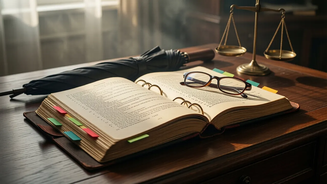 A thick ring-bound booklet of printed rules lying open on a dark walnut desk seen from a low angle in soft side light, several pages marked with narrow coloured paper tabs along the edge, a black umbrella folded and lying behind the booklet and a pair of reading glasses resting on the open page, gentle shadows across the desk