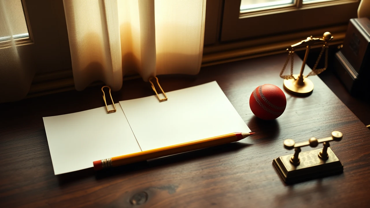 Three pale paper bet slips laid side by side on a dark walnut desk in soft window light, each slip clipped to a small brass bulldog clip, a sharpened pencil lying across the lower edge of the middle slip and a red cricket ball resting at the right edge of the frame, gentle shadows, the slips entirely blank