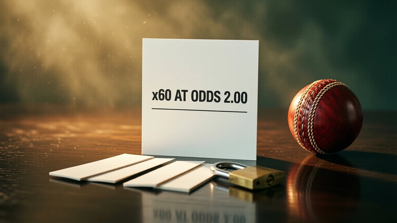 A flat white card standing upright and square to the camera on a dark glossy desk, printed in heavy black type with the single line x60 AT ODDS 2.00 above a thin rule, four short paper slips lying fanned out in front of it in a row from shortest to longest, a small brass padlock resting open beside them, a warm gold glow behind the card and a soft reflection of everything on the polished surface, anywhere
