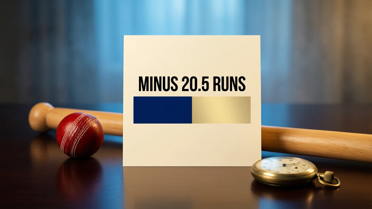 A flat white card standing upright and square to the camera on a dark glossy desk, printed in heavy black type with the single line MINUS 20.5 RUNS above a short horizontal bar split into two unequal blocks, one block deep blue and the longer block pale gold, a small red cricket ball resting on the desk to the left and a wooden cricket stump lying flat across the front edge, soft blue glow behind and a clean