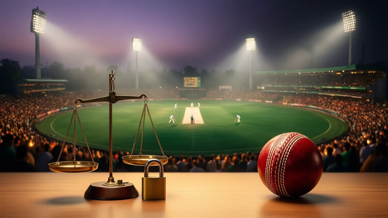 A floodlit cricket ground at dusk seen from high in the stands, the pitch a pale strip in the middle of a deep green oval, four tall light towers throwing visible beams through a thin haze, a batter and bowler as small figures mid-delivery, the crowd in the lower stands a soft blur of warm colour, the sky above shading from violet to near black — this is the world a cricket bet happens in, not a screen, rendered
