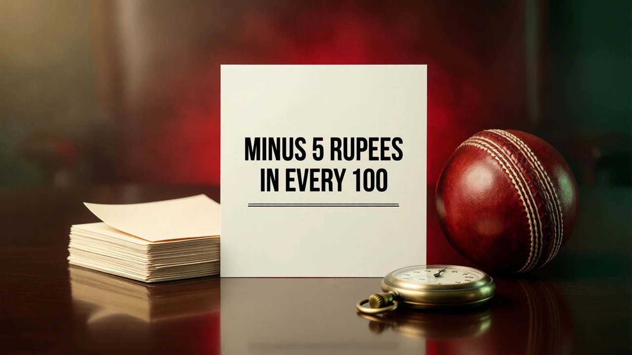 A flat white card standing upright and square to the camera on a dark glossy desk, printed in heavy black type with the single line MINUS 5 RUPEES IN EVERY 100 and a thin rule beneath it, a short neat stack of pale paper slips beside the card with one slip slightly pulled out, a small brass stopwatch lying flat in front, a deep crimson glow behind the card and a soft reflection on the polished surface, anywhere
