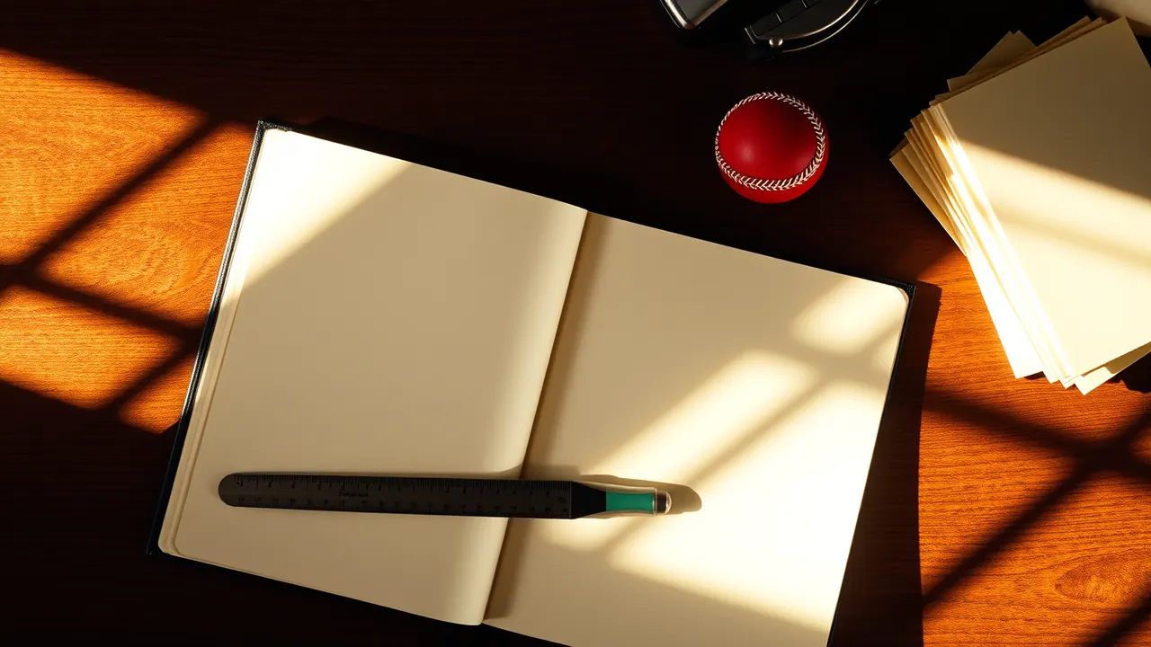 An open squared-paper notebook lying flat on a dark walnut desk seen from above in soft morning light, two neat columns of handwritten figures running down the left page, a slim steel ruler laid across the right page and a small red cricket ball resting against the spine, a mechanical pencil beside it and gentle shadows falling to the right