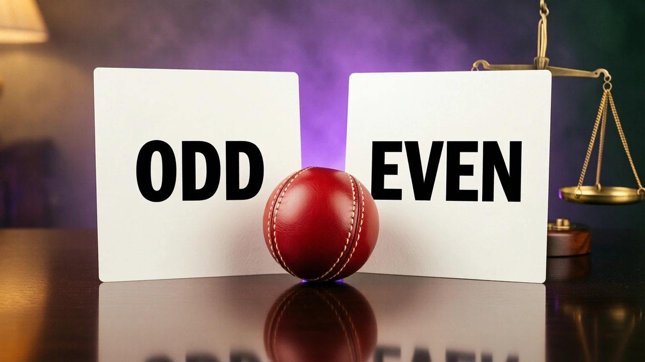 Two flat white cards standing upright side by side and square to the camera on a dark glossy desk, the left card printed in heavy black type with the single word ODD and the right card with the single word EVEN, a hard red leather ball with a raised cream stitched seam resting exactly between them on the desk, a violet glow behind the cards and a sharp reflection of both on the polished surface, anywhere