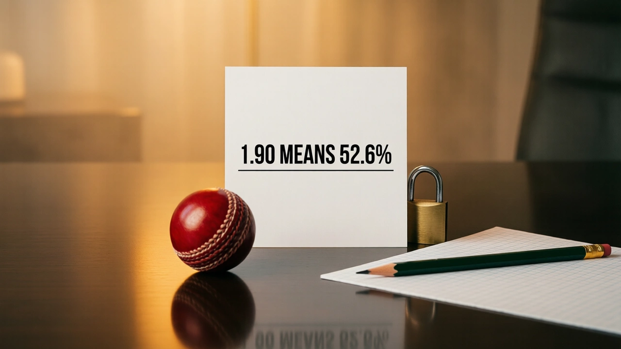 A flat white card standing upright and square to the camera on a dark glossy desk, printed in heavy black type with the single line 1.90 MEANS 52.6% and a thin rule beneath it, a small red cricket ball resting on the desk in front of the card, a pencil lying across a sheet of squared paper to one side, a warm amber glow behind the card and a soft reflection of everything on the polished surface, anywhere