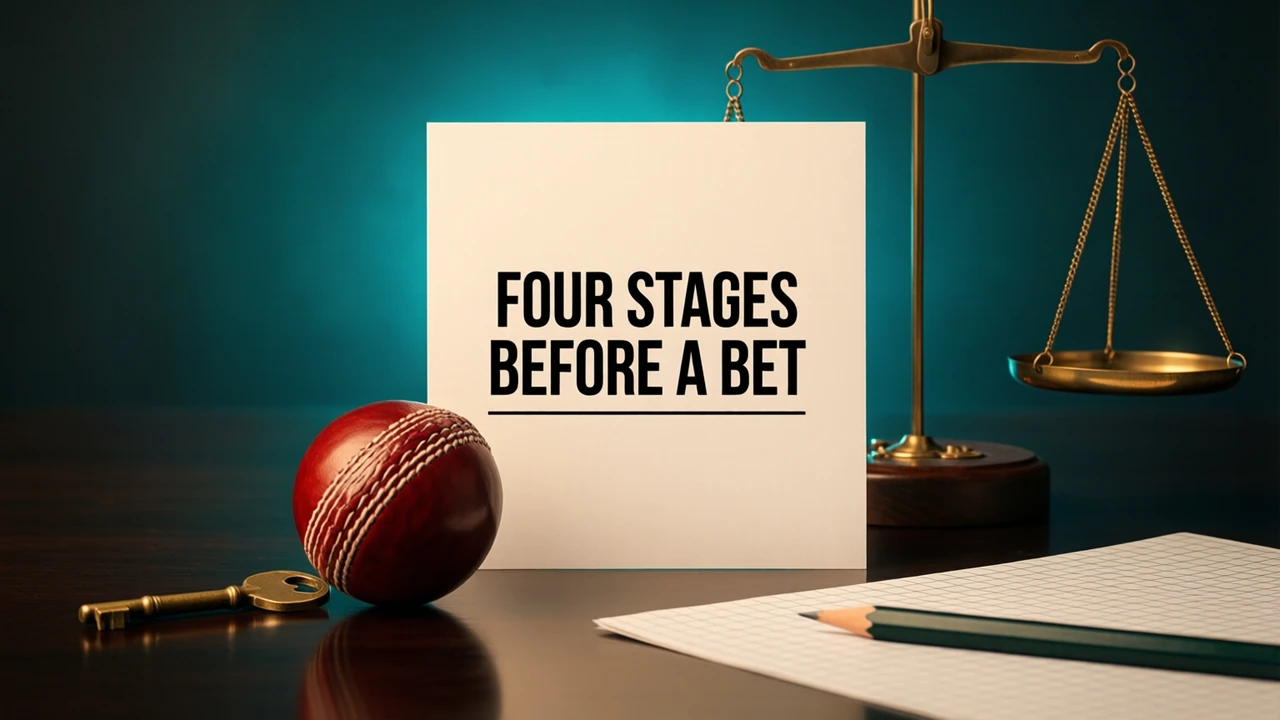 A flat white card standing upright and square to the camera on a dark glossy desk, printed in heavy black type with the single line FOUR STAGES BEFORE A BET above a thin rule, a small brass key and a red leather cricket ball resting on the desk in front of it, a thin brass balance scale standing at the back edge of the frame, a deep teal glow behind the card and a soft reflection on the polished surface, anywhere