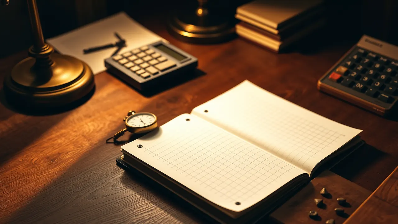 A plain paper ledger lying open on a dark walnut desk in warm lamplight, one page ruled into narrow columns with a single row of handwritten entries near the top, a small brass stopwatch resting on the facing page, a desk calculator with large grey keys pushed to the back edge and soft shadows falling towards the camera